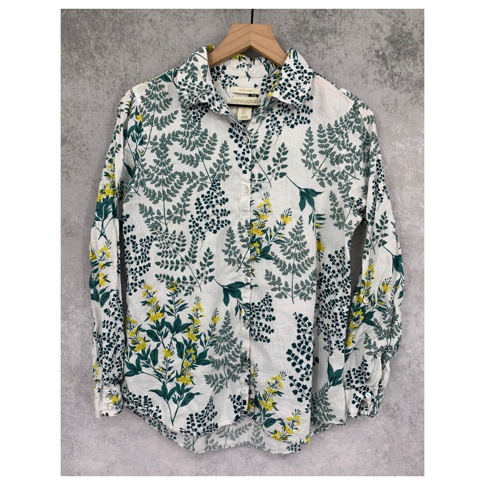Cynthia Rowley Shirt Womens Medium White Floral Linen Long Sleeve Fern Nature